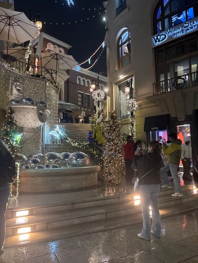 An outdoor scene at night depicts a decorated urban space with a fountain and buildings illuminated by lights and holiday decorations. People are present, looking at their phones. Retail establishments, including one advertising "Wynn Slavy Fine Art", are visible. The architecture includes brick buildings and white tents. The ground appears wet, reflecting the ambient light.