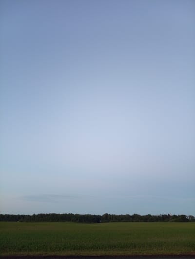 The image shows a wide, flat expanse of farmland with a dark horizon line of trees. The sky is a pale, hazy blue, suggesting either early morning or late evening. In the distance, on the right side of the image, a red and white striped industrial smokestack is visible above the trees. The foreground consists of a green field, likely crops, and a dark, indistinct border along the bottom of the frame. There are no people or animals visible. The scene appears to be located in the rural area of Палыкавіцкі сельскі Савет, Belarus.