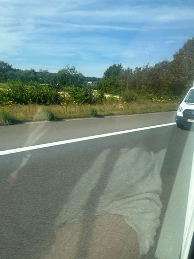 This image shows a roadside view from a vehicle, likely on a highway, with a white van in the foreground on the right. The van's license plate is partially visible and reads "2-CPB". The road surface is asphalt with a white line marking the lane. To the left of the road, there is a grassy embankment with scattered yellow flowers and dense green foliage. Beyond the embankment, a treeline stretches across the horizon under a partly cloudy blue sky. In the far distance, a few white buildings are visible. The scene is consistent with a rural or semi-rural setting in Belgium, possibly near Bekkevoort, given the context provided. The image has a slightly blurred quality, suggesting it was taken while in motion.