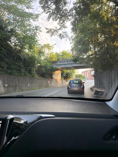 The image captures a view from the driver's seat of a car, looking forward on a road in Novara, Italy. The road is paved and has double white lines down the center. On the left, there is a tall, rough concrete wall partially covered in vegetation. On the right, a similar concrete wall runs alongside the road. A pedestrian overpass, constructed of concrete, spans the road ahead. A dark gray compact car is in front of the viewer's car, traveling in the same direction. The car has a license plate that reads "EF 209LV". Trees and greenery line both sides of the road, and the sky above is partly cloudy with sunlight filtering through the leaves. In the foreground, the car's dashboard is visible, with reflections on its black, glossy surface. A small object, possibly a navigation device or dashboard ornament, is attached to the windshield on the passenger side. In the distance, a building with red brick and windows is visible beyond the overpass. The overall scene suggests a drive through a semi-urban area with significant green spaces.