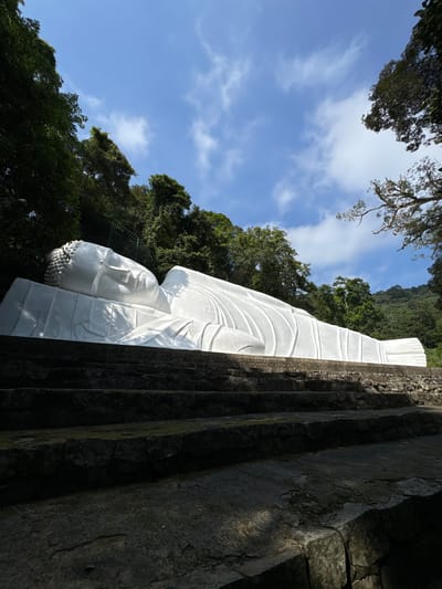 A low-angle, wide shot captures a massive, white, reclining Buddha statue situated on a stone staircase. The statue, predominantly white, is intricately draped, revealing the contours of its form. The Buddha's head rests on its right arm, with its face turned upwards, eyes closed, conveying a sense of peaceful repose. A decorative halo-like structure is visible behind the head, suggesting a sacred context.

The statue is positioned against a backdrop of lush, green trees and a bright blue sky dotted with white clouds. The surrounding environment appears to be a natural, possibly mountainous or hilly, landscape, with dense foliage covering the terrain. The stone steps in the foreground are weathered and appear to be ancient, possibly with moss or lichen growth, adding to the sense of age and natural integration.

The lighting suggests a sunny day, with shadows cast across the statue and the steps, indicating the sun's position. The overall impression is one of serenity and grandeur, set within a natural, verdant environment. The statue is located in the vicinity of the coastal town of Phan Rang-Tháp Chàm, within the Thuận Nam district of Ninh Thuận province, Vietnam, a region known for its beautiful coastline and cultural heritage.