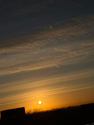 The image depicts a low-light, high-contrast urban landscape in Naaldwijk, Netherlands, at either sunrise or sunset. The sky transitions from dark grey-blue at the top to a vibrant orange-yellow at the horizon. Streaks of cirrus and altocumulus clouds are visible across the sky. Two distinct white contrails, indicative of aircraft, traverse the mid-sky from upper-left to lower-right. A prominent green, patterned circular artifact, consistent with lens flare, is located in the upper-left sky quadrant, with a fainter green artifact closer to the sun. The bright, circular sun is positioned above the horizon in the lower-right quadrant. The entire foreground and horizon line are rendered in dark silhouette against the intense backlight. From left to right along the horizon, a large, dark, rectangular building with a flat roof is visible, followed by a cluster of bare deciduous trees. Further to the right, an indistinct urban or industrial skyline includes multiple thin vertical structures, possibly utility poles or streetlights, and distant faint plumes of what appears to be steam or exhaust rising above the horizon. No individuals or overt actions are discernible.