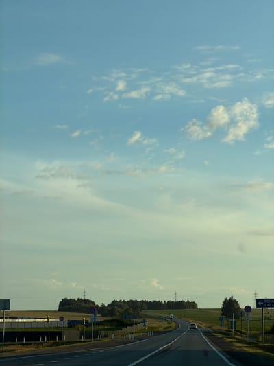 The image depicts a two-lane asphalt road traversing a rural landscape under a pale blue sky with scattered white clouds. The road curves gently to the left in the distance, bordered by grassy fields and a line of trees on either side. Several traffic signs are visible along the roadside, including a blue directional sign pointing left with Cyrillic text that reads "ТОГАШЕВО" (Togashevo) and "ТАГА" (Taga). There are also several circular red and blue road signs, some indicating speed limits or restrictions. Power lines and transmission towers are present in the background, suggesting a connection to infrastructure. A few vehicles, including a white car and a van, are visible on the road. The overall scene suggests a journey through the outskirts of Togashevo, Russia, characterized by open spaces and a tranquil, late afternoon atmosphere.