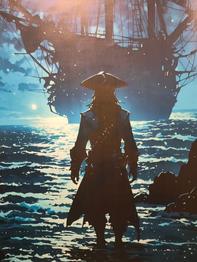 This is a digitally rendered illustration depicting a lone pirate standing on a rocky shore at night, facing the sea. The pirate is silhouetted against a moonlit ocean, wearing a tricorn hat, a coat, and a sash. In the background, the silhouette of a large sailing ship is visible. The overall mood is dramatic and mysterious, with the moonlight casting a blue-white glow on the water. This image has no connection to the city of Melitopol, Ukraine.