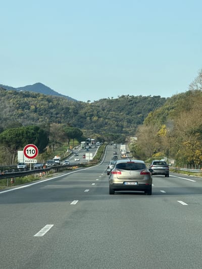 This image depicts a section of an active multi-lane highway, consistent with the A8 Autoroute du Soleil, located within or immediately adjacent to the city of Mandelieu-la-Napoule, France. The scene is observed from within a vehicle traveling forward.
The environment features a clear, light blue sky above rolling hills densely covered with a mix of evergreen and deciduous trees, primarily green with some areas of brown or lighter foliage, characteristic of the French Riviera hinterland.
The highway is constructed of dark gray asphalt with distinct white dashed lane markings. Traffic is present in both directions. In the direction of the observer, a light gold/tan Renault Laguna hatchback, bearing French license plate "AA 783 GK", is immediately ahead in the central lane. Further ahead in the right lane is a silver SUV. Numerous other vehicles, including cars and trucks, are visible in the distance, indicating moderate to heavy traffic flow.
On the left side of the highway, a large circular red-bordered speed limit sign displays "110" in white, with the word "RAPPEL" (French for 'reminder') in black text below it, indicating a 110 km/h speed limit. This sign is mounted on a white rectangular board behind a metal safety barrier. Orange traffic cones are intermittently visible along the left shoulder, suggesting ongoing road work or maintenance. Vehicles are also visible in the opposing lanes of traffic, ascending a gentle incline. No individuals are discernibly visible outside of vehicles.