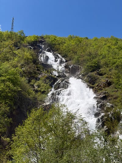 A waterfall plunges down a rocky cliff face covered in green trees, adjacent to a clear blue sky. The waterfall is the central feature of the image, with white water cascading over dark rocks. Green trees are present on the cliff face and in the foreground. On the left of the image, a section of clear blue sky is visible. In the bottom-left corner, a metal utility pole can be seen. The scene is in Pastra, Bulgaria.