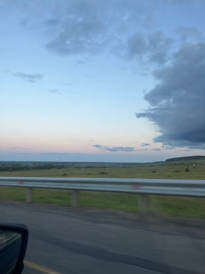 The image captures a wide landscape view of a rural area, possibly near Tarasovo, Russia, during what appears to be dusk or dawn. The sky is a gradient of light blue and pale pink, with scattered clouds, some of which are dark and ominous. In the distance, a faint, reddish moon is visible just above the horizon.
The foreground is dominated by a road, with a grey metal guardrail running along its edge. The guardrail is reflective and shows some red markings. Beyond the guardrail, there is a green grassy field with scattered trees and bushes. In the far distance, a line of trees forms a dark silhouette against the sky.
On the right side of the image, a dark car mirror is partially visible in the bottom left corner, suggesting the photograph was taken from inside a moving vehicle. The road surface appears dark and possibly wet, with yellow lane markings visible. The overall impression is one of a tranquil, expansive, and somewhat moody natural scene.