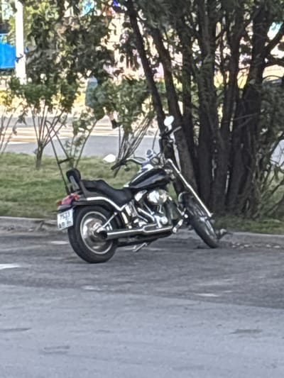 The image shows a motorcycle parked on a paved surface next to a tree. The motorcycle is black with chrome accents and has a license plate. The tree has dark bark and sparse foliage. The background appears to be a grassy area and a building or fence. The image is taken from a slightly elevated angle, looking down on the motorcycle. The lighting suggests it is daytime, and the weather appears to be overcast or cloudy. The scene is set in Nefteyugansk, Russia. There is text visible on the license plate, which appears to be in Russian.