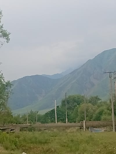 The image depicts a mountainous landscape with a cloudy sky. In the foreground, there is a grassy area with some overgrown vegetation and a concrete structure that appears to be part of a disused or damaged building or infrastructure. There are also some utility poles visible. In the background, large green mountains dominate the scene, with visible slopes and contours. The overall impression is one of a rural or semi-rural setting, possibly on the outskirts of a settlement, given the presence of infrastructure juxtaposed with the natural environment. The location is identified as Besh Kungei, Kyrgyzstan.