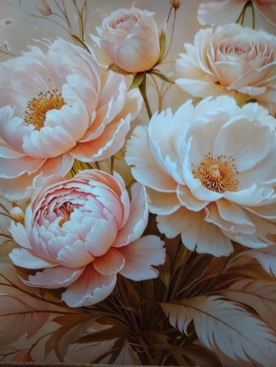 The image is a close-up, top-down view of a painting or digital artwork depicting a bouquet of light pink and cream-colored peonies. The flowers have lush, layered petals and prominent yellow stamens. The background is a soft, muted beige with hints of darker tones suggesting foliage or shadows. There are no people, cityscapes, or any elements that would indicate a specific location in Rechytsa, Belarus, or any other city. The focus is entirely on the floral arrangement.