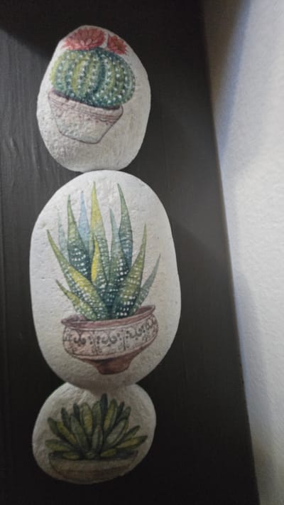 Three painted rocks are stacked vertically. The top rock features a drawing of a round cactus with pink flowers in a pot. The middle rock displays an aloe vera plant in a decorative pot. The bottom rock shows a succulent plant in a simple pot. The rocks are positioned on a dark, flat surface, likely a table. The background consists of a dark area to the left and a lighter, textured area to the right, possibly a wall. The scene is indoors and is brightly lit from the right side, casting shadows.