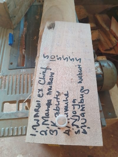 The image shows a piece of wood with black marker writing on it. The writing says: “1. Mwavi ex Chief 2. Manga Mutoni 3. Kabitu 4. John 5. Ng’ang’a 6.  Mwangi” The writing is in English but appears to be written by a non-native speaker. The wood is resting on a metal surface with a grid pattern. There is a small, white plastic disc on the wood near the center. It appears to be a bottle cap. The location is in Ihururu, Kenya, based on the provided coordinates. The image was likely captured indoors in a workshop or other industrial setting.
