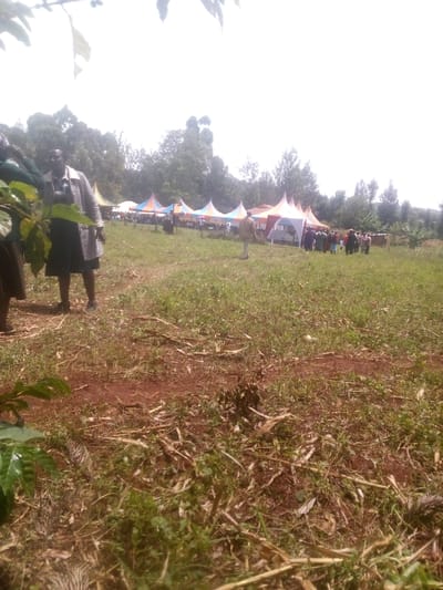 An outdoor scene in Getenga ward, Kenya, depicts an event held in a clearing. The foreground features reddish-brown soil with sparse green grass and dry plant debris. Partially visible on the far left, a person, likely female, wears a striped jacket over a dark skirt, obscured by foreground foliage. In the mid-ground, a series of at least seven colorful, conical canopy tents are erected, featuring various color combinations including blue, white, yellow, and orange. Numerous individuals are gathered around and under these tents, some standing and others possibly seated. A lone male figure in light-colored attire walks from the right mid-ground towards the tents. Another group of individuals stands near the rightmost tents. The background consists of a dense line of green trees under a bright, overcast or hazy sky.