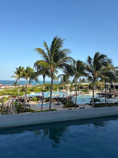 This is a photograph of a resort in Punta Sam, Mexico, taken from a vantage point above an infinity pool. The pool's surface reflects the clear blue sky and the surrounding tropical foliage. In the middle ground, a large swimming pool area is visible, dotted with lounge chairs and umbrellas. Several palm trees line the foreground and middle ground, their fronds rustling in the breeze. In the background, the ocean stretches to the horizon under a bright blue sky, with a hint of land visible in the distance. A few small thatched-roof structures are scattered throughout the resort grounds, suggesting an open-air dining or relaxation area. There are people scattered around the pool, some swimming, others lounging. The overall impression is one of a sunny, tropical vacation destination.