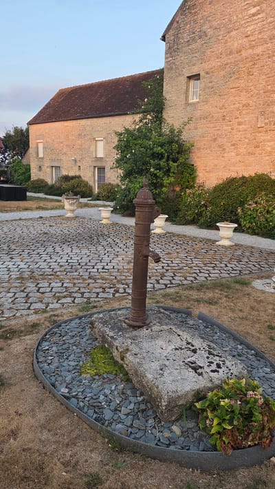 The image depicts an outdoor scene at a stone building in Macé, France, at what appears to be dusk. In the foreground, a rustic, dark brown cast-iron water pump stands on a large, rough-hewn stone slab. The slab is surrounded by a circular bed of dark grey slate chips, and the surrounding ground is covered in dry, brown grass. Behind the pump, a cobblestone pathway winds towards the building. The building itself is constructed of light-colored stone with a reddish-brown tiled roof. Several windows are visible, some with white shutters. A green tree with white blossoms grows against the side of the building. In the background, more of the stone building and vegetation are visible, under a pale blue sky. There are no people or animals in the frame.