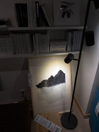 The image depicts an indoor scene, likely a retail space or a curated display, with a focus on a shelf of books and a framed artwork illuminated by a floor lamp. The shelf on the upper left contains several books with spines visible. Below the shelf, a large framed artwork featuring an abstract, dark mountain landscape is displayed prominently. A modern black floor lamp with two adjustable heads stands to the right of the artwork, with one light directed at the painting. To the bottom left, a dark, textured piece of furniture, possibly a chair or ottoman, is partially visible. A price tag is attached to the frame of the artwork, displaying Korean text and a price of ₩34,900. Another price tag is visible on the bottom right, showing "PERIOHAN" and a price of ₩39,900. The overall lighting suggests a dimly lit environment, with focused illumination on the artwork and objects. The presence of the artwork and the price tags indicate a commercial or exhibition setting. The specific location within Goyang-si, South Korea, is not discernible from the visual information alone.