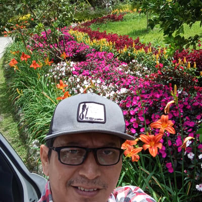 The image is a selfie taken by a person in a garden. The person is wearing a grey baseball cap with a patch that has a black outline and white fill, and a red, white, and black plaid shirt. They are also wearing black-rimmed glasses and have a mustache and goatee. The background of the image is a vibrant garden filled with a variety of flowers in shades of pink, red, yellow, and white, as well as green foliage and trees. The garden appears to be well-maintained and is arranged in curving beds. A white car door is visible on the left side of the image. There is no indication of the location being in Laugumba, Indonesia.