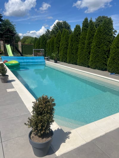 The image depicts a backyard swimming pool area on a sunny day. The pool is rectangular with clear blue water and a light-colored coping. A grey tiled patio surrounds the pool, with a few potted plants, including a small bush in a dark grey pot in the foreground. To the left of the pool, there is a wooden playground structure with a green slide. A blue pool cover is partially deployed over the pool, and a green inflatable ring and a red ball are visible on the water. A line of tall green evergreen trees forms a dense hedge along the right side of the pool area. The sky is blue with scattered white clouds. The scene is set in a residential backyard, likely in a suburban or rural area, as suggested by the well-maintained landscaping and playground equipment. The location is specified as Dzerzhinskoye, Moldova.