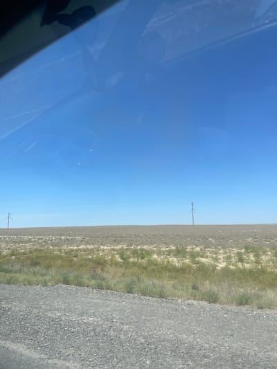 A wide-angle, eye-level, outdoor shot depicts a barren, flat landscape under a clear blue sky. In the foreground, a gravel road runs horizontally across the bottom of the frame. Beyond the road, a sparse, dry grassland stretches towards the horizon. Small, scattered green bushes and dry, sandy earth characterize this terrain. Two solitary utility poles, spaced far apart, stand prominently in the middle ground against the flat horizon. The sky is a vast expanse of uninterrupted blue, with faint reflections of what appears to be the interior of a vehicle visible on the top left portion of the image, suggesting the photo was taken from inside a car. The scene conveys a sense of isolation and openness. The location is identified as №99-темір жол айрығы, Kazakhstan.