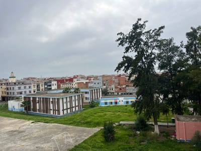 An elevated view depicts a segment of Ksar-el-Kebir, Morocco, under an overcast sky. In the immediate foreground, a weathered concrete surface occupies the lower left, featuring a small white metal structure resembling a goalpost. Adjacent to this, and extending into the midground, are areas of unkempt green grass, punctuated by several tall, dark-foliaged trees on the right.

The midground is dominated by two distinct institutional-style buildings. The most prominent is a two-story rectangular structure with a flat roof, its facade characterized by vertical brown slat-like panels interspersed with white sections and small rectangular windows. Its base is painted light blue, and two small palm trees are situated near its perimeter. To its right, partially obscured by trees, another multi-story building displays a lighter blue base and sections of colorful, square facade panels in light blue, yellow, and pink.

The background presents a dense urban sprawl, consisting primarily of two to four-story residential and commercial buildings. These structures exhibit a variety of finishes, including white, beige, and reddish-brown hues, with numerous flat roofs often showing exposed rebar. A distinctive white minaret with a green conical top is visible on the far left horizon, rising above the cityscape. No individuals or specific actions are discernible within the scene.