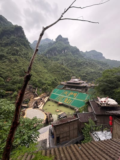 The photograph captures a lush, mountainous landscape in the Yongding District of China. A large, green-roofed structure with orange lettering sits near a pond of murky green water. A white, rabbit-like sculpture perches on a nearby building with traditional tile roofs. A gnarled tree branch occupies the foreground. The environment is overcast.