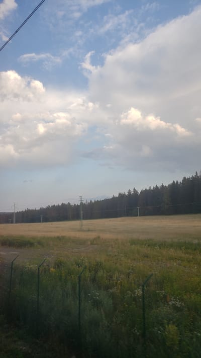 The image shows a wide, open field in Lučivná, Slovakia, with a dark forest bordering the far side. A chain-link fence runs along the bottom of the frame, separating the viewer from the field. In the distance, power lines and electrical towers are visible, crossing the field and disappearing into the trees. The sky above is partly cloudy, with a mix of white and gray clouds against a light blue background. The overall impression is of a rural landscape under a dynamic sky.