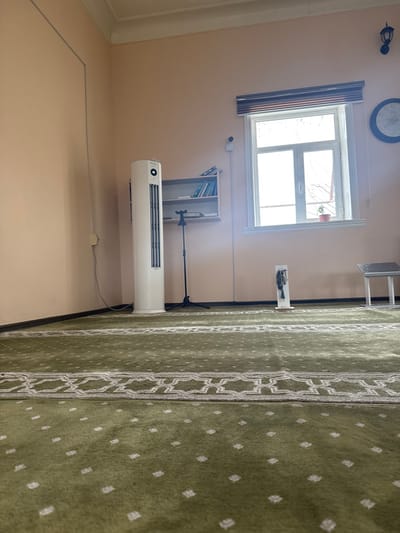 This image depicts an interior room, likely a prayer room or mosque, given the prominent prayer rug covering the floor. The perspective is tilted, making the floor appear as a right wall.

The most striking feature is a large green prayer rug, adorned with intricate white geometric patterns forming vertical strips and smaller white square-like motifs scattered across the green background. This rug covers the entire right side of the frame, extending towards the foreground.

The room has light-colored, possibly beige or pale yellow, walls. On the left wall, a rectangular window with white frames allows bright daylight to enter, hinting at outdoor greenery or branches beyond. Dark-colored curtains or blinds hang on the left side of the window. Above the window, a wall-mounted clock with a blue rim and Roman numerals is visible, showing the time around 12 o'clock. A small, dark wall sconce is positioned near the top left corner.

Below the window, a small security camera or sensor is attached to the wall. Further down, a tall, white tower fan or air cooler stands on the floor. To the right of the fan, a small, light-colored shelving unit holds several books. A black microphone stand, likely supporting a microphone, is positioned next to the shelf. Closer to the right, a small white stand or table holds a few indistinct items, possibly keys or small accessories.

Along the lower part of the left wall, a thin grey cable runs parallel to the floor, connecting to a white electrical outlet or switch. In the background, partially obscured by the edge of the prayer rug, a metallic, two-tiered stand is visible.

No people are present, and no specific activity is taking place, suggesting the room is empty but prepared for use. The bright light from the window indicates it is daytime. No significant visible text is discernible apart from the Roman numerals on the clock. The setting, possibly in Dehqonbozor, Uzbekistan, aligns with the visual cues of a prayer space.