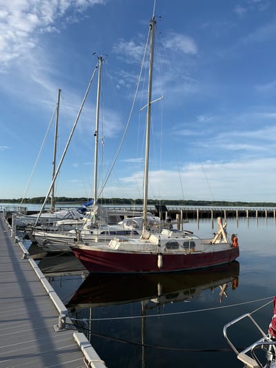 The image depicts a marina scene, likely in Ribnitz-Damgarten, Germany, during daylight. Several sailboats are docked side-by-side along a wooden pier. The sky is a clear blue with scattered, wispy white clouds, suggesting fair weather. The sun casts shadows on the pier, indicating it's either morning or late afternoon.
The foreground is dominated by the masts and rigging of the sailboats, which extend upwards towards the sky. The hulls of the boats are visible, with one prominently featuring a dark hull and another a lighter hull with a red stripe. Some boats have visible equipment like life preservers and solar panels. The water is dark and reflects the boats and the sky.
In the background, a line of pilings stretches into the distance along the water's edge, with a wooded shoreline beyond. The scene conveys a sense of tranquility and calm, typical of a marina setting. No people are visible in the image. There is no visible text in the image.