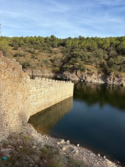 The scene depicts a section of a medieval stone wall situated on the banks of the Lozoya River, within the city of Buitrago del Lozoya, Spain. The wall, constructed from varied-sized light-colored stones, features battlements along its top edge, approximately 20 individual merlons are visible. It curves sharply to the right, partially submerged or very close to the dark, calm water of the river. The wall casts a distinct reflection onto the water surface.
On the immediate left foreground, rocky terrain with sparse green and brown vegetation leads down to the water's edge. A small, crumpled piece of bright green material is visible on the ground near the wall's base. The right bank of the river is characterized by rocky outcrops descending into the water, bordered by a dense, sloping hillside covered predominantly with green coniferous trees (pines) and scattered deciduous trees or shrubs, some with olive-green foliage. The sky above is light blue with sparse, wispy white clouds. No human subjects or discernible human activity are present. The lighting indicates daylight conditions, likely morning or late afternoon, given the shadows and reflections.