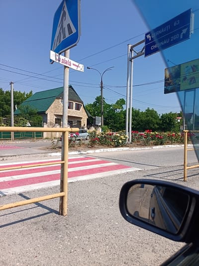 The image depicts a scene in Lipcani, Moldova, likely near a road intersection or a pedestrian crossing. In the foreground, a car's side mirror is visible, reflecting the road and surrounding environment. A yellow metal railing runs horizontally across the lower part of the image, partially obscuring a red and white striped pedestrian crossing. Behind the railing and crossing, a light blue car is parked or driving slowly. A house with a green tiled roof and beige stone facade is visible further back, with lush green trees and a vibrant flowerbed of red and yellow roses in front of it. Overhead, blue traffic signs indicate directions to "Cernăuți 63" and "Chisinău 260". A pedestrian crossing sign is also present. The sky is clear and blue, suggesting a sunny day. The overall scene conveys a sense of a typical day in a small town or city.