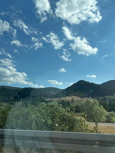 The image depicts a mountainous landscape on a sunny day. The scene is dominated by a clear blue sky with scattered white clouds, suggesting fair weather. A steep, densely forested mountain slope occupies the right half of the frame, gradually transitioning to a sun-drenched, dry grassland or agricultural field further down. A portion of a grey metal guardrail is visible in the foreground, indicating the viewpoint is likely from a road or elevated path. The time of day appears to be midday, given the bright sunlight casting sharp shadows. The overall mood is serene and natural. There is no text visible in the image.
