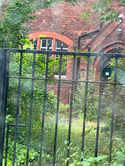 The image depicts a static scene featuring an old red brick building partially obscured by abundant green foliage, viewed through a black metal fence.
**Subjects:** The primary subject is a substantial red brick building, showcasing traditional brickwork and at least two distinctive arched openings. The lower arch frames a window with white muntins, while a smaller, darker arch is visible higher up on the structure. A black metal fence, composed of horizontal bars and vertical supports, runs across the mid-ground, acting as a barrier or decorative element. Lush green plants, including various types of leaves, vines, and some small blue flowers, dominate the foreground and extend into the garden area beyond the fence.
**Activity or event taking place:** No specific activity or event is taking place; the image captures a tranquil outdoor scene.
**Notable details:** The time of day appears to be daytime, with soft, diffused light suggesting an overcast sky. There are subtle streaks and reflections across the image, possibly indicating rain or moisture on a window or lens, or environmental haze. The architectural style, particularly the red brick and arched windows, suggests an older, possibly Victorian or Edwardian-era structure, consistent with the Knutsford, United Kingdom location context. The dense, slightly overgrown greenery contributes to a natural, somewhat secluded atmosphere.
**Visible text:** On the upper portion of the brick building, near the higher arched opening, a small, white rectangular sign is visible. It contains dark, illegible text or markings.