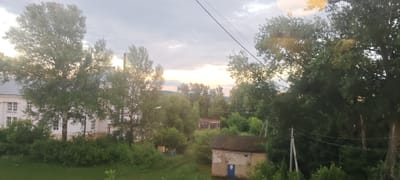 The image depicts a landscape scene with a building on the left and trees and smaller structures on the right. The sky is overcast with the soft glow of sunset visible. On the left, a large white building with multiple windows is partially obscured by trees. In the center and right of the image, dense green foliage dominates, with various trees of different sizes. Several power lines are visible crisscrossing the frame. Among the trees on the right, there are at least two smaller structures, one appearing to be a brick building with a blue door and another red brick structure further back. The ground is covered in grass and undergrowth. The overall impression is that of a rural or semi-urban environment at dusk. The location is identified as Skopin, Russia.