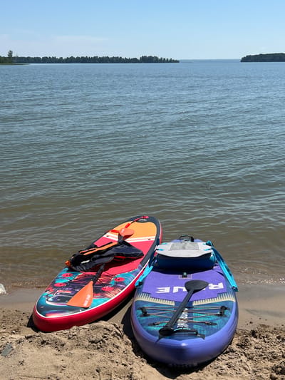 Two stand-up paddleboards and their paddles are resting on a sandy shore next to a body of water under a clear blue sky. The paddleboard on the left is red with a colorful graphic of a mythical creature and a life vest on top. The paddleboard on the right is purple with a blue and green abstract design. The water is calm with small ripples. In the distance, a tree-lined horizon is visible. The location is the shore of Lake Borovoe in the city of Borovoye, Russia.