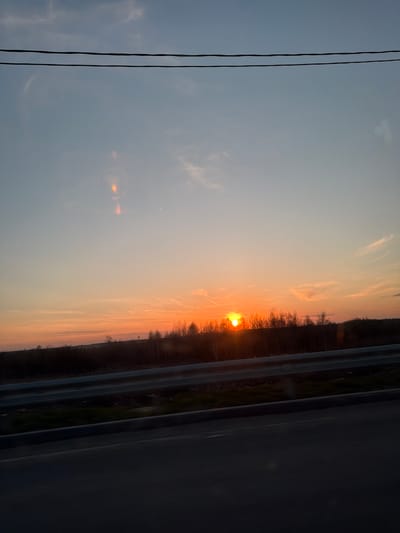 The image shows a sunset. A portion of a road is visible on the right with guardrails. In the middle of the image is a line of trees on the horizon with the sun setting behind it. A set of power lines is visible on the left side. The sky is a mixture of blue and orange. The location of the image is Michurinsky, Russia.