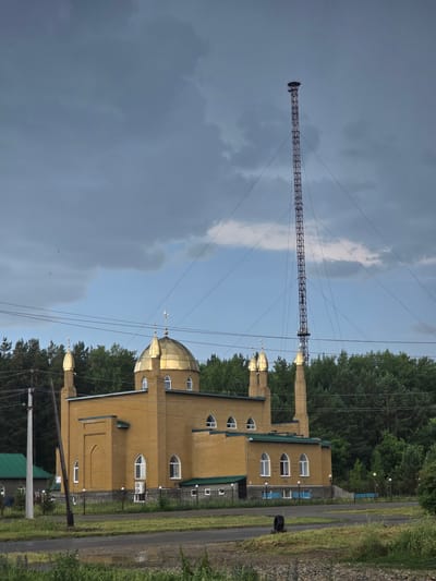 In Ridder, Kazakhstan, a mosque with a golden dome and minarets stands prominently against a cloudy sky. The mosque is constructed from yellow brick and features arched windows. Adjacent to the mosque is a tall, lattice radio tower. The foreground shows a grassy area and a road, with a tire lying on its side. Trees form a dense backdrop to the scene, and power lines are visible crisscrossing the sky.