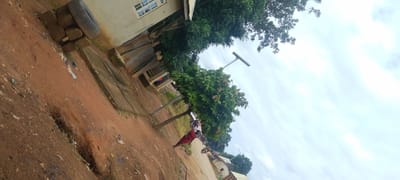 This media file captures an outdoor scene in Baissa, Nigeria. The foreground features a dirt path with scattered debris. To the left, a building with a light-colored facade and a white-framed window is visible, partially obscured by a pile of bricks and a tire. Adjacent to the building is a corrugated metal fence.

Dominating the mid-ground are several trees with lush green foliage. One tree, with a slender trunk, stands near the center of the image. A person in a red garment is walking on the path beneath this tree. Further back, additional trees and some small structures can be seen, along with what appears to be a street with a few motorcycles. A prominent streetlamp with a horizontal bar is positioned above the trees.

The background consists of a hazy, overcast sky. The overall impression is a somewhat rural or semi-urban environment, likely during daylight hours given the illumination, but the cloudy sky suggests a lack of direct sunlight. The scene appears calm, with no specific event or heightened emotion immediately evident. No text is visible in the image.