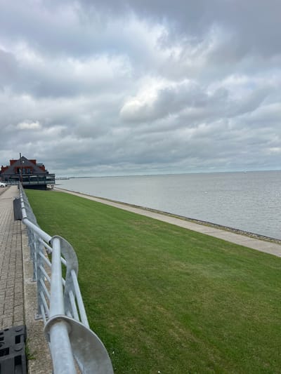 The image shows a view of the Jade Bay in Wilhelmshaven, Germany, from a paved walkway with a metal railing. The sky is overcast with thick, gray clouds. The water is calm and appears to be a pale gray color. On the left side of the image, there is a grassy embankment leading down to the water's edge. A building with a red roof is visible on the left, set back from the walkway. The building appears to be a restaurant or hotel. There are a few white buoys in the water and a small sailboat in the distance. The walkway is made of light-colored paving stones. The metal railing is silver and consists of several horizontal bars and vertical supports.