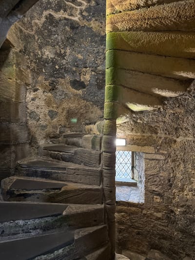 The image depicts an interior view of a stone spiral staircase within an ancient structure located in Blackness, United Kingdom. The staircase, constructed from rough-hewn stone blocks, ascends clockwise, with a central stone newel post supporting the inner edges of the steps. Prominent greenish discoloration, consistent with moss or algae, is visible along the inner curve of the newel post and on the underside of higher steps. The surrounding walls are composed of irregular, dark grey to tan stone masonry, exhibiting varied textures and dark moisture stains. A small, rectangular window with a diamond-patterned leaded glass pane is visible on the right side of the image, set within a deep stone embrasure, providing bright natural illumination. An intense, rectangular light source is present directly above the window frame. The scene is devoid of people, subjects, actions, or interactions.