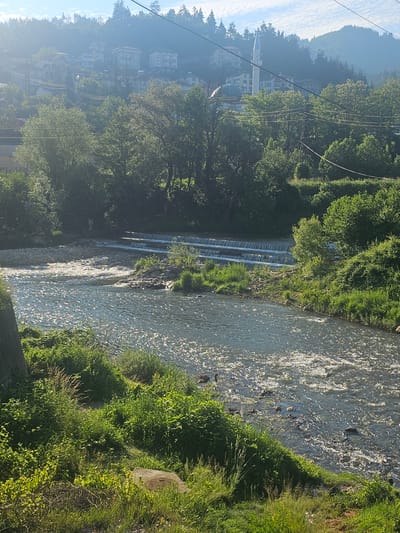 This image depicts a river scene in the city of Rudozem, Bulgaria, viewed under clear, bright daylight, likely morning or late afternoon given the sunlight angle creating strong reflections on the water.

In the foreground, dense green vegetation, including tall grass, bushes, and small trees, lines both banks of a medium-width river. The river flows from right to left, with its surface sparkling intensely from direct sunlight, indicating numerous small ripples or currents. Scattered rocks are visible within the riverbed, particularly near the banks.

The midground features a series of three distinct, evenly spaced man-made weirs or stepped waterfalls spanning the river from left to right, creating cascading water. Beyond these weirs, the river continues, flanked by a dense forest of various deciduous trees. Overhead, multiple black power lines traverse the scene horizontally.

In the background, a residential area is situated on a steep, tree-covered hillside. Numerous multi-story houses with various roof colors are scattered among the trees. Prominently positioned towards the center-right of the background, a white mosque with a distinct dome and a tall, slender minaret is visible amongst the buildings and trees. The distant mountains, also heavily forested, rise into a light blue sky with faint, streaky white clouds. A slight atmospheric haze is present over the distant hills and buildings.

No human figures or animals are discernible within the frame.