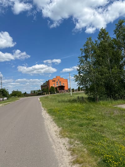 A low-angle, wide shot captures a rural road in Dovhe, Ukraine, on a bright, sunny day with a partly cloudy blue sky. The asphalt road curves to the left, bordered by a grassy verge dotted with small yellow flowers. To the right, a stand of tall, leafy trees with white bark stands prominently, their branches extending towards the sky. In the background, a large, multi-story building constructed of red brick dominates the scene. The building has a dark-colored roof and multiple windows. The words "ДІМ МОЛИТВИ" are visible above the entrance of the building. Further in the distance, more trees and a fence line suggest a residential or institutional area. A utility pole stands on the left side of the road. The overall impression is a serene, sun-drenched rural landscape.