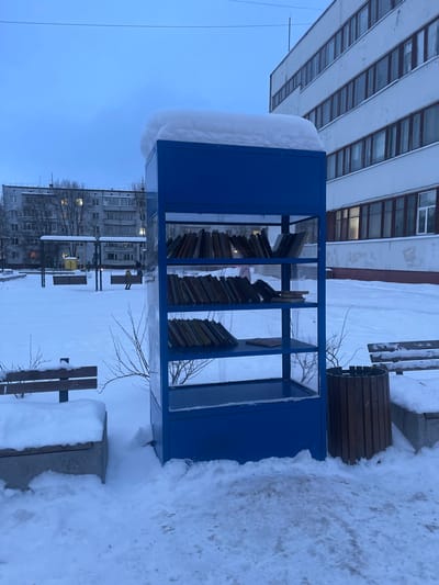 This image depicts a snow-covered outdoor scene in Syasstroy, Russia, under an overcast, pale blue-grey sky. The central focus is a royal blue, multi-shelved outdoor communal bookshelf, approximately 2 meters in height, with clear side panels. Its flat top is topped with a rounded mound of white snow, roughly 20-30 centimeters deep. The four visible shelves within the structure contain numerous books, some standing upright, others tilted or stacked horizontally.
The ground surrounding the bookshelf is entirely covered in undisturbed white snow, with discernible boot prints directly in front of the structure. To the left of the bookshelf, a wooden bench with concrete supports is partially visible, also blanketed in snow. To the right, a cylindrical trash receptacle constructed of vertical wooden slats stands next to another snow-covered concrete-supported bench. Bare, thin tree branches protrude from the snow near the base of the bookshelf.
In the midground, a wide expanse of snow-covered ground extends. To the left, a person clad in dark clothing is seated on one of two visible swings, part of a metal playground structure. A yellow rectangular object is situated near the swings.
The background features two distinct multi-story buildings. On the left, a grey residential apartment block with multiple windows, some illuminated, is visible. On the right, a lighter-colored, possibly white or light beige, multi-story building with numerous rectangular windows extends, showing some weathering on its lower facade. The overall illumination is dim, consistent with winter twilight or an overcast day.