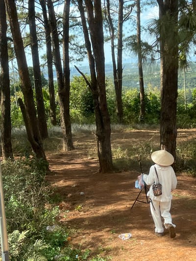A person wearing a white outfit and a conical Asian hat sits on a small chair in a wooded area. They have a bag slung over their shoulder and appear to be engaged in an activity involving small items on a nearby surface. Trees line the left side of the frame, leading to a distant view, while the ground is covered with dry grass, fallen leaves, and some patches of greenery. Debris is scattered around the ground near the seated individual.