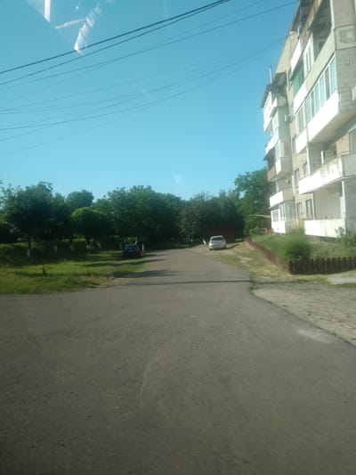 The image shows a street scene in Vylok, Ukraine. On the right side of the frame is a multi-story apartment building with light-colored walls and balconies. A section of the building is covered in scaffolding. In front of the building, there is a small, brown wooden fence and overgrown vegetation. On the left side of the street, there is a line of trees with white-painted trunks, bordering a grassy area. Two cars are visible on the street: a dark-colored sedan parked on the left, and a white hatchback further down the road on the right. The street is paved with asphalt, and the sky is clear blue. The image appears to be taken from a moving vehicle, as indicated by the slight blur and the reflection in the upper portion of the frame, which suggests a windshield.