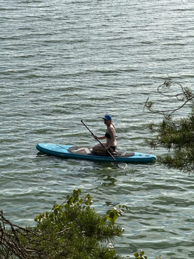 A woman is paddleboarding on a body of water near the city of Priladozhskoe, Russia. She is wearing a blue cap and a black bikini and is kneeling on the paddleboard, holding a paddle. The paddleboard is blue and has some text and graphics on it. The water is rippled and appears to be a lake or bay. There are trees and branches visible in the foreground and right side of the image, suggesting a natural setting. The lighting indicates it is daytime, possibly late afternoon given the angle of the shadows.