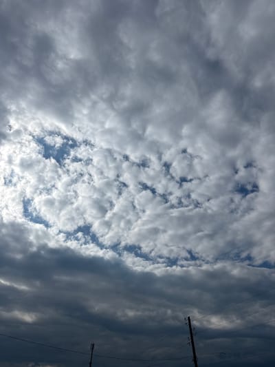 The image shows a wide-angle view of a sky filled with a dramatic mix of clouds. Towards the bottom of the frame, darker, heavier clouds dominate, suggesting overcast conditions or an impending storm. Above these, lighter, scattered clouds create a textured pattern, with patches of blue sky visible through them. The light filtering through the clouds suggests it is daytime. In the lower right portion of the image, a wooden utility pole with wires is visible, indicating an outdoor urban or suburban setting. To the left, a slender antenna or cell tower can be seen against the sky. The image does not contain any identifiable people or specific actions. The scene is a naturalistic depiction of the sky and associated infrastructure.