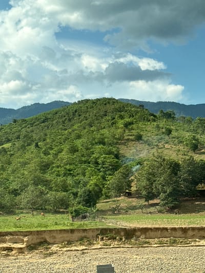The image depicts a scenic view of a rural landscape in Nam Khanh Vinh, Vietnam. In the foreground, a rocky riverbed or embankment is visible, characterized by its dry, pebble-like surface. Above this, a terraced embankment of soil and vegetation separates the foreground from a green, grassy field. This field is dotted with a few trees and is enclosed by a simple fence, suggesting agricultural use.
In the midground, several brown cows are grazing peacefully in the field. A small, rustic wooden structure or shed is also present. The terrain begins to rise, transitioning into a lush, densely forested hillside that extends upwards to meet the mountain range in the background. The mountains are covered in dense vegetation, with some areas appearing more arid than others. The sky above is a vibrant blue, adorned with a scattering of white and gray clouds, indicative of fair weather. A faint wisp of smoke rises from the hillside, possibly from a small fire. The overall impression is one of natural beauty and tranquility.