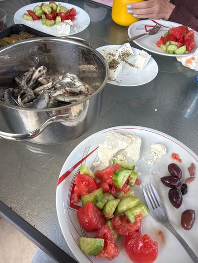 The image captures a casual dining scene on a table in what appears to be Megas Alexandros, Greece. The table is set with plates of food characteristic of Greek cuisine. There are plates of Greek salad (tomatoes, cucumbers), feta cheese (some sprinkled with herbs), and olives. A large stainless steel bowl is prominently featured, filled with small cooked fish, possibly anchovies or sardines. A plate of dolmades (stuffed grape leaves) is also visible. One person’s hand is visible near a plate of Greek salad. The scene suggests a meal is being enjoyed outdoors, with food typical of the region.