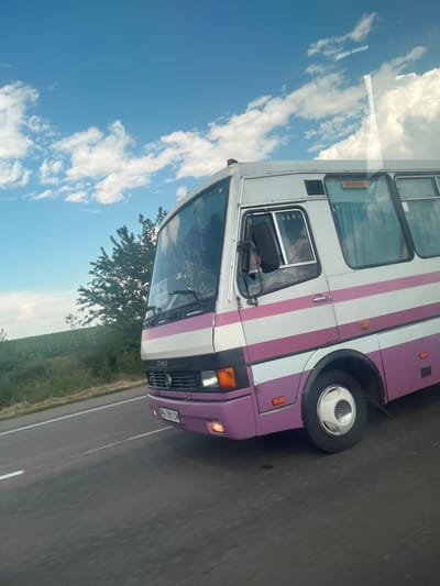 The image shows a side view of a purple and white bus with pink stripes, moving on a paved road. The bus has several windows, with some reflecting the sky and clouds. A spare tire is visible on the side of the bus. The sky is blue with white, fluffy clouds. The surrounding landscape consists of green trees and vegetation. The time of day appears to be daytime, with bright sunlight creating reflections and shadows.

Visible text on the bus includes: "B703CYA" on the license plate, and "ETANA" on the front grille.

The scene appears to be a travel or transportation event, with the bus in motion, suggesting it is on a journey. The weather seems pleasant, suitable for travel, with clear skies and moderate cloud cover. The location is identified as Yelyzavetivka, Ukraine, indicating a rural or semi-rural setting typical for a bus route in such an area. There are no people clearly visible in the image. The overall impression is one of a routine bus journey in a scenic environment.