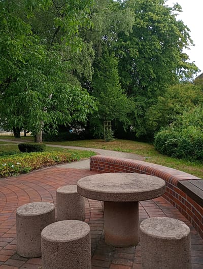 The image depicts an outdoor seating area in a park or public space. The focal point is a round, textured concrete table with a thick pedestal, surrounded by four cylindrical concrete stools. The ground is paved with reddish-brown bricks laid in a circular pattern. Behind the seating area, a curved brick wall with a darker wood bench integrated into its top separates it from a grassy area.
Beyond the paved area and wall, the setting is a lush green park. Large trees with dense foliage dominate the background, suggesting a mature park setting. Some smaller trees and bushes are also visible. A paved pathway winds through the grass in the mid-ground.
The scene appears tranquil and serene. The lighting suggests it is daytime, possibly overcast given the soft shadows. There are no people visible in the image. The overall impression is one of a quiet, natural environment designed for relaxation or small gatherings. The location context of Constance, Germany, places this scene in a European park setting. There is no visible text in the image.